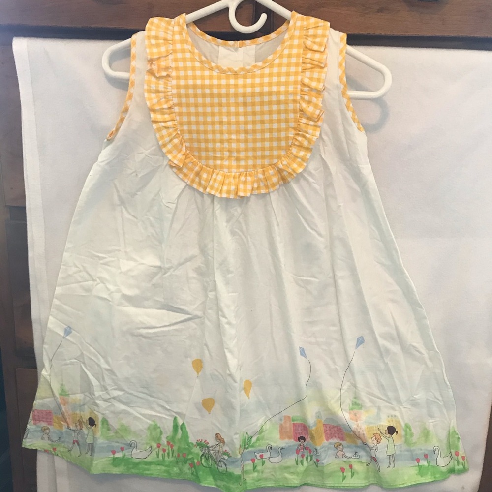 Yellow Gingham & White Kids With Kites Dress